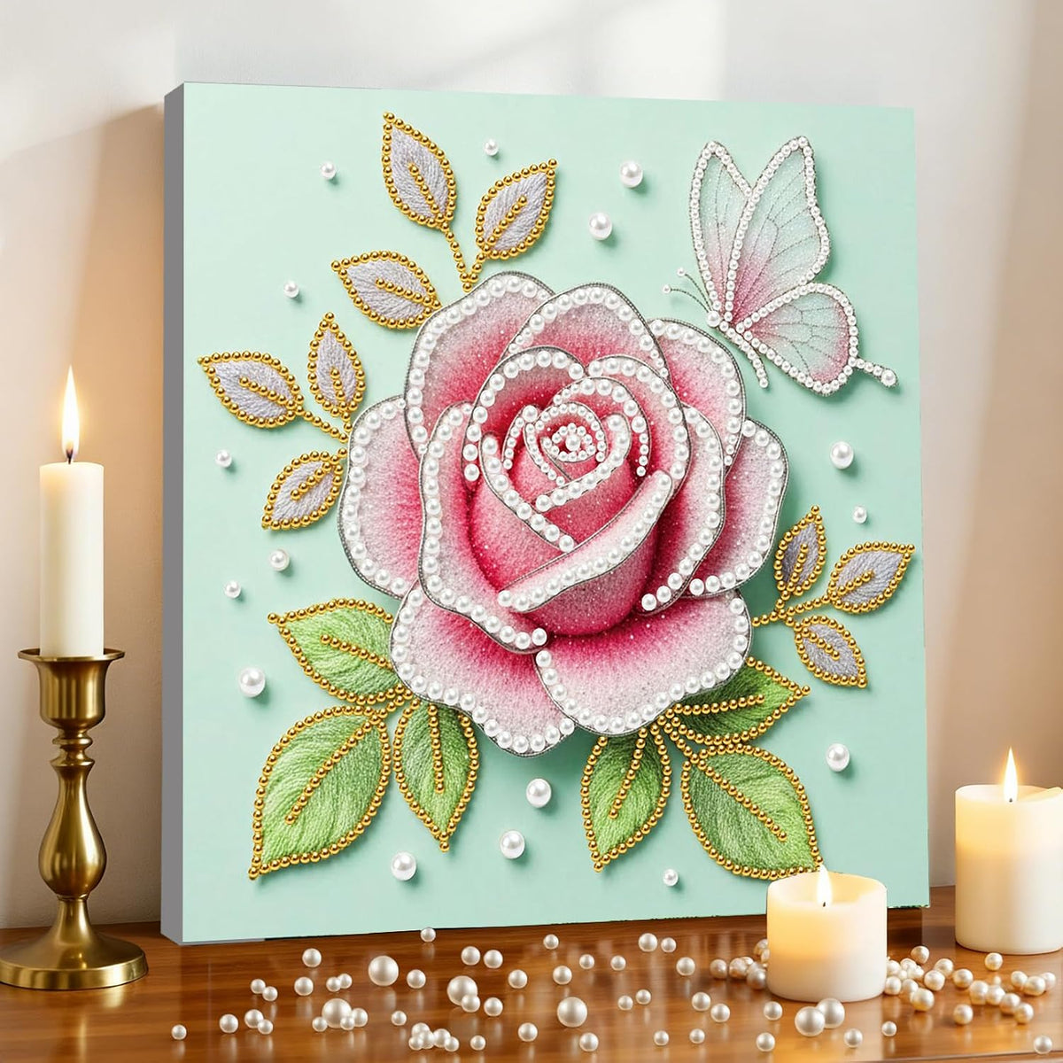 DIY Pink Rose Pearl Painting Kit for Adults & Beginners Plastic Round Pearl Bead Art with Pre-Printed Canvas and Frame, Handmade Christmas Holiday Craft, Home Wall Decor Gift Set