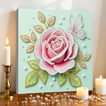 DIY Pink Rose Pearl Painting Kit for Adults & Beginners Plastic Round Pearl Bead Art with Pre-Printed Canvas and Frame, Handmade Christmas Holiday Craft, Home Wall Decor Gift Set