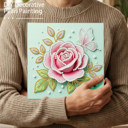 DIY Pink Rose Pearl Painting Kit for Adults & Beginners Plastic Round Pearl Bead Art with Pre-Printed Canvas and Frame, Handmade Christmas Holiday Craft, Home Wall Decor Gift Set