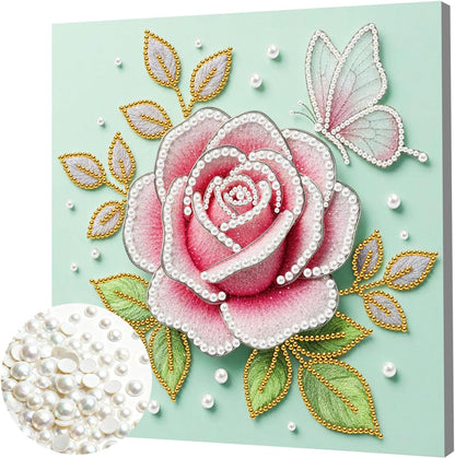 DIY Pink Rose Pearl Painting Kit for Adults & Beginners Plastic Round Pearl Bead Art with Pre-Printed Canvas and Frame, Handmade Christmas Holiday Craft, Home Wall Decor Gift Set