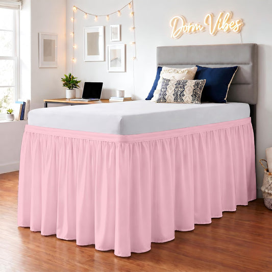 Dorm Bed Skirt Twin XL 34 Inch Drop Length - Pink, Ruffled Pattern College Dorm Room Bed Skirts - Split Corner, Easy Care, Wrinkle Free 1800 Series Microfiber Bed Skirt