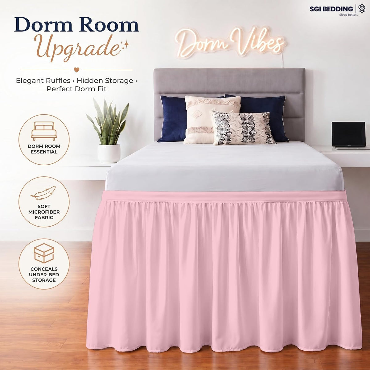Dorm Bed Skirt Twin XL 34 Inch Drop Length - Pink, Ruffled Pattern College Dorm Room Bed Skirts - Split Corner, Easy Care, Wrinkle Free 1800 Series Microfiber Bed Skirt