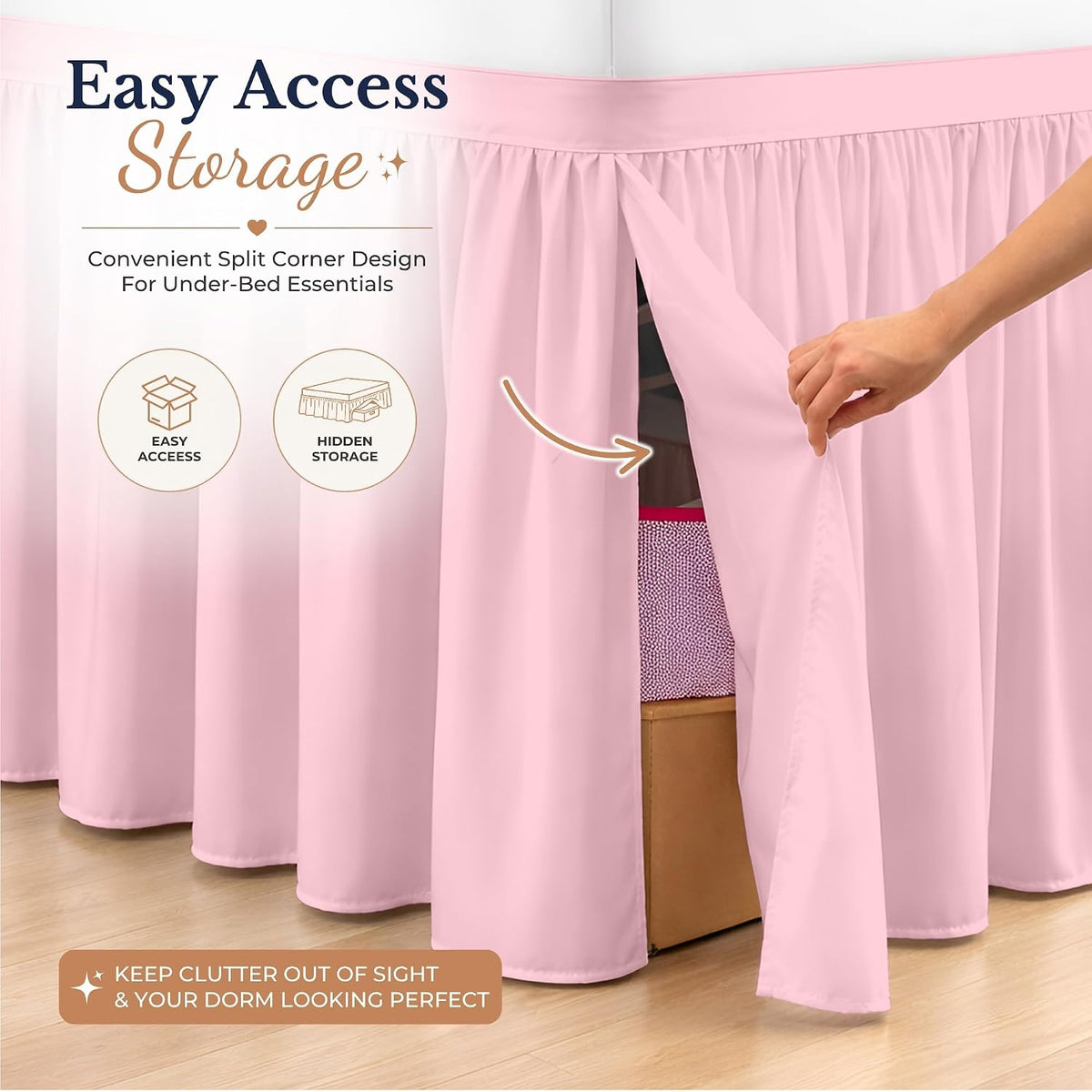 Dorm Bed Skirt Twin XL 34 Inch Drop Length - Pink, Ruffled Pattern College Dorm Room Bed Skirts - Split Corner, Easy Care, Wrinkle Free 1800 Series Microfiber Bed Skirt