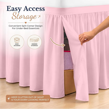 Dorm Bed Skirt Twin XL 34 Inch Drop Length - Pink, Ruffled Pattern College Dorm Room Bed Skirts - Split Corner, Easy Care, Wrinkle Free 1800 Series Microfiber Bed Skirt