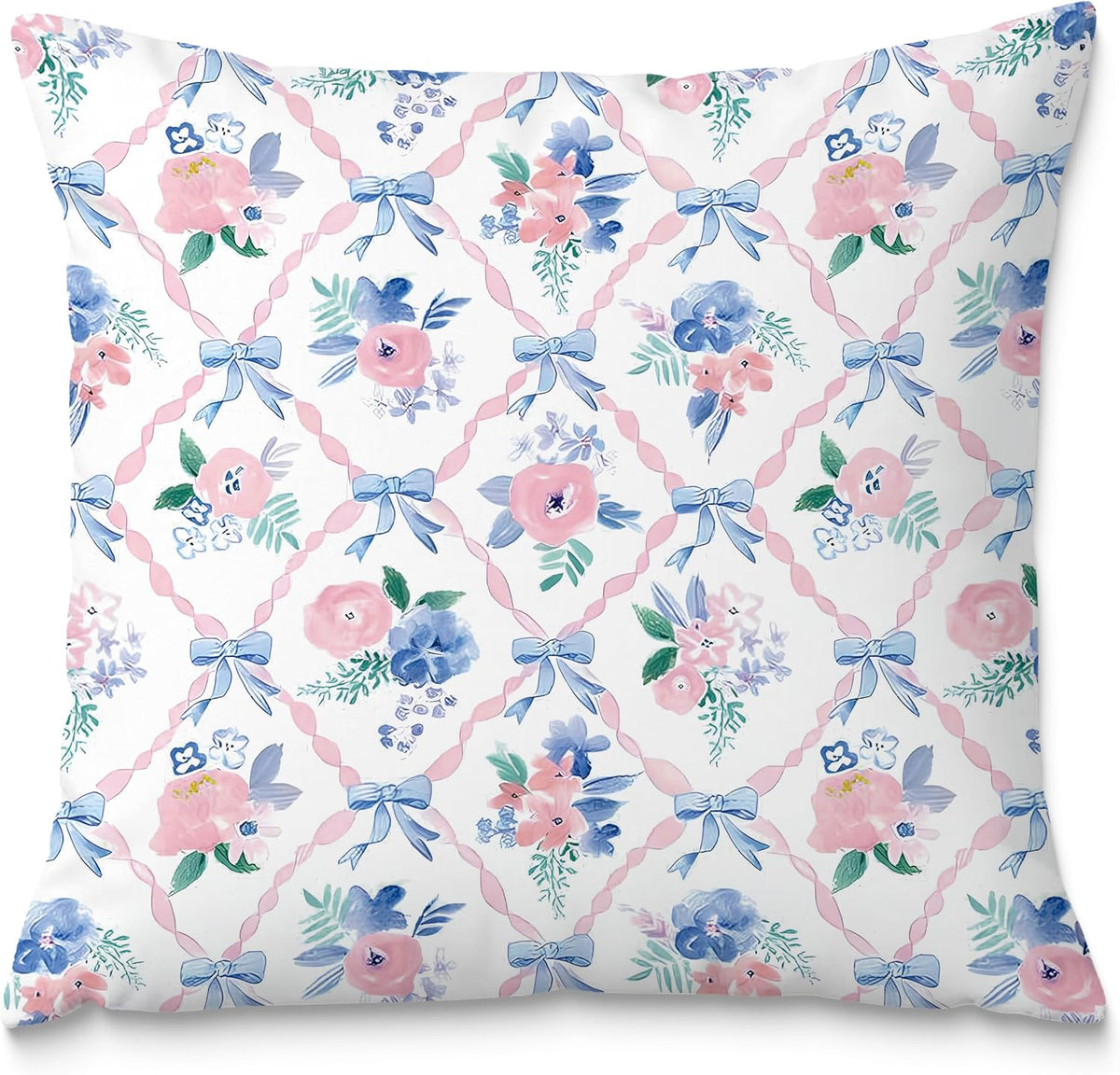 Coquette Bow Pillow Covers 18x18, Coquette Room Decor, Preppy Pink and Blue Floral Pillow Covers, Preppy Room Decor, Girly Bedroom Decor, Coquette Stuff, Bow Room Decor