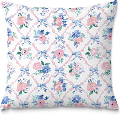 Coquette Bow Pillow Covers 18x18, Coquette Room Decor, Preppy Pink and Blue Floral Pillow Covers, Preppy Room Decor, Girly Bedroom Decor, Coquette Stuff, Bow Room Decor