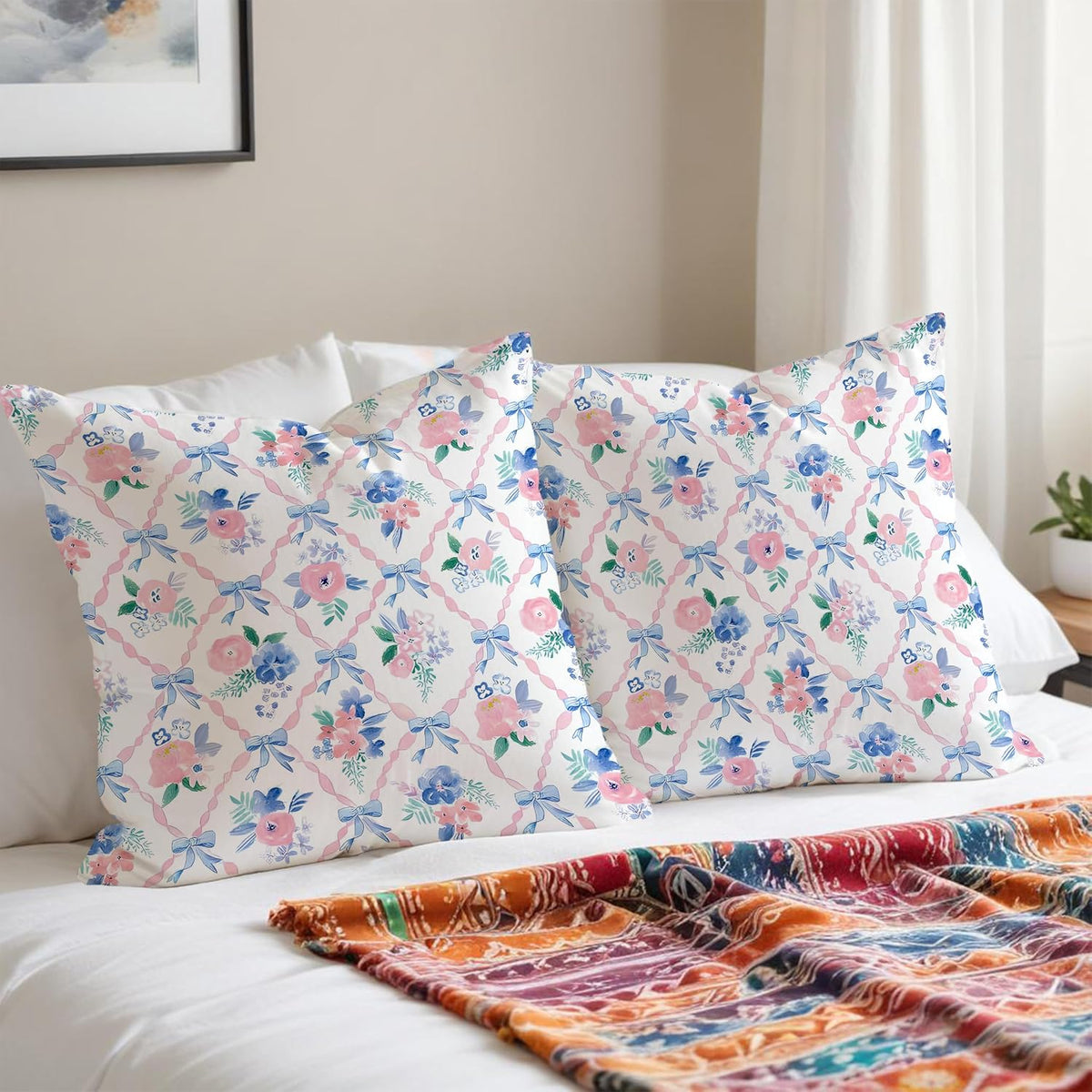 Coquette Bow Pillow Covers 18x18, Coquette Room Decor, Preppy Pink and Blue Floral Pillow Covers, Preppy Room Decor, Girly Bedroom Decor, Coquette Stuff, Bow Room Decor