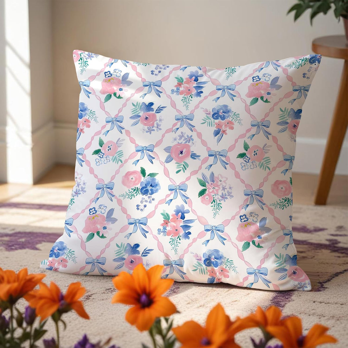 Coquette Bow Pillow Covers 18x18, Coquette Room Decor, Preppy Pink and Blue Floral Pillow Covers, Preppy Room Decor, Girly Bedroom Decor, Coquette Stuff, Bow Room Decor