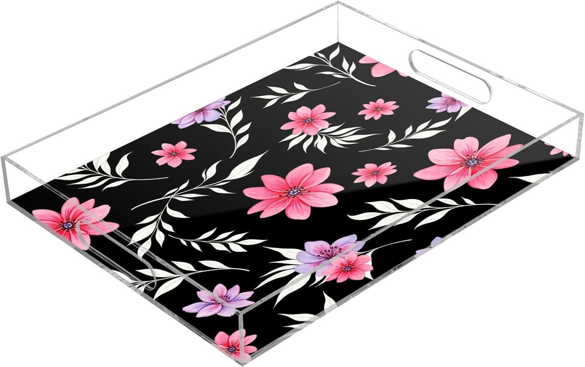Pink Flowers Clear Serving Tray Organizer for Display, Acrylic Decorative Storage Tray with Handles for Living Room Coffee Table Bathroom 12x16 in