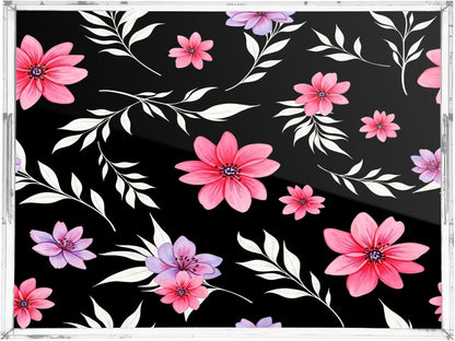 Pink Flowers Clear Serving Tray Organizer for Display, Acrylic Decorative Storage Tray with Handles for Living Room Coffee Table Bathroom 12x16 in