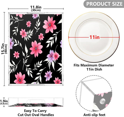 Pink Flowers Clear Serving Tray Organizer for Display, Acrylic Decorative Storage Tray with Handles for Living Room Coffee Table Bathroom 12x16 in