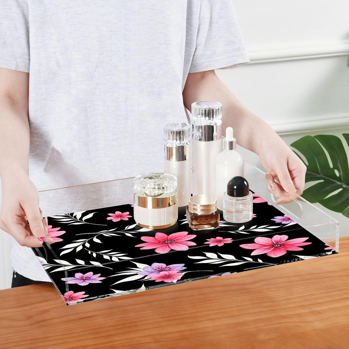 Pink Flowers Clear Serving Tray Organizer for Display, Acrylic Decorative Storage Tray with Handles for Living Room Coffee Table Bathroom 12x16 in