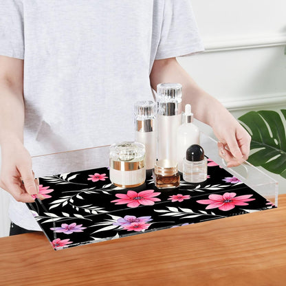 Pink Flowers Clear Serving Tray Organizer for Display, Acrylic Decorative Storage Tray with Handles for Living Room Coffee Table Bathroom 12x16 in