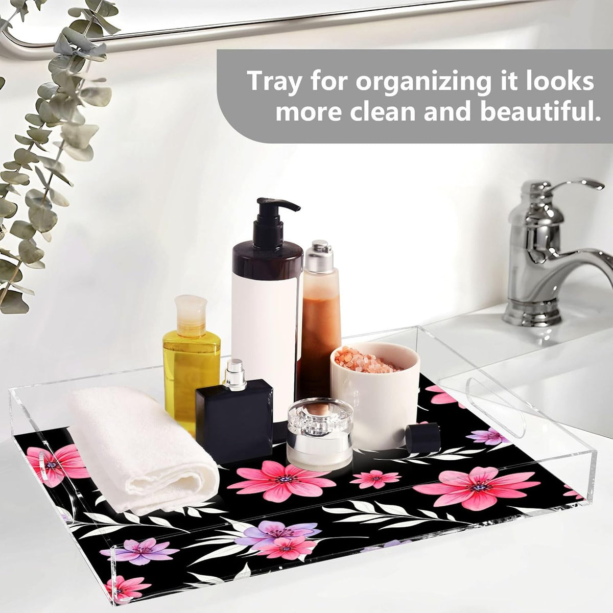 Pink Flowers Clear Serving Tray Organizer for Display, Acrylic Decorative Storage Tray with Handles for Living Room Coffee Table Bathroom 12x16 in