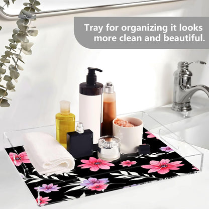 Pink Flowers Clear Serving Tray Organizer for Display, Acrylic Decorative Storage Tray with Handles for Living Room Coffee Table Bathroom 12x16 in