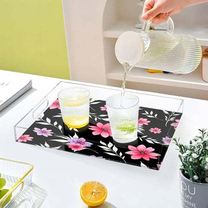Pink Flowers Clear Serving Tray Organizer for Display, Acrylic Decorative Storage Tray with Handles for Living Room Coffee Table Bathroom 12x16 in
