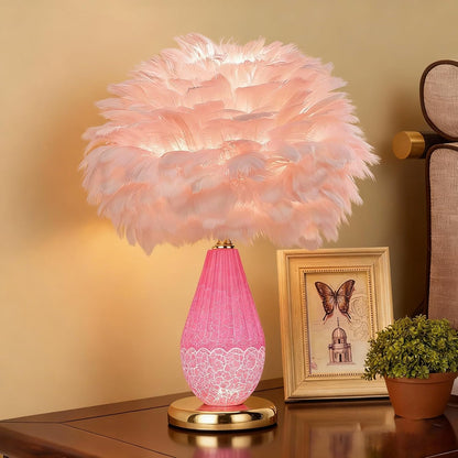 Pink Feather Lamp with Cracked Ice Glass Bottle & Gold Base, Dual Light 3 Color Modes Separate Control Bedside Office Lamp (Pink)