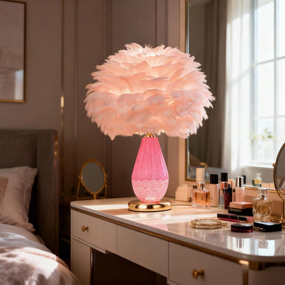 Pink Feather Lamp with Cracked Ice Glass Bottle & Gold Base, Dual Light 3 Color Modes Separate Control Bedside Office Lamp (Pink)