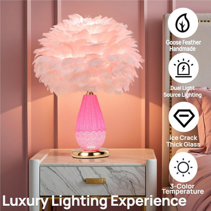 Pink Feather Lamp with Cracked Ice Glass Bottle & Gold Base, Dual Light 3 Color Modes Separate Control Bedside Office Lamp (Pink)