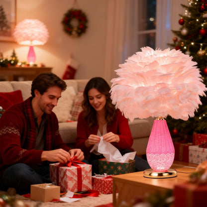 Pink Feather Lamp with Cracked Ice Glass Bottle & Gold Base, Dual Light 3 Color Modes Separate Control Bedside Office Lamp (Pink)