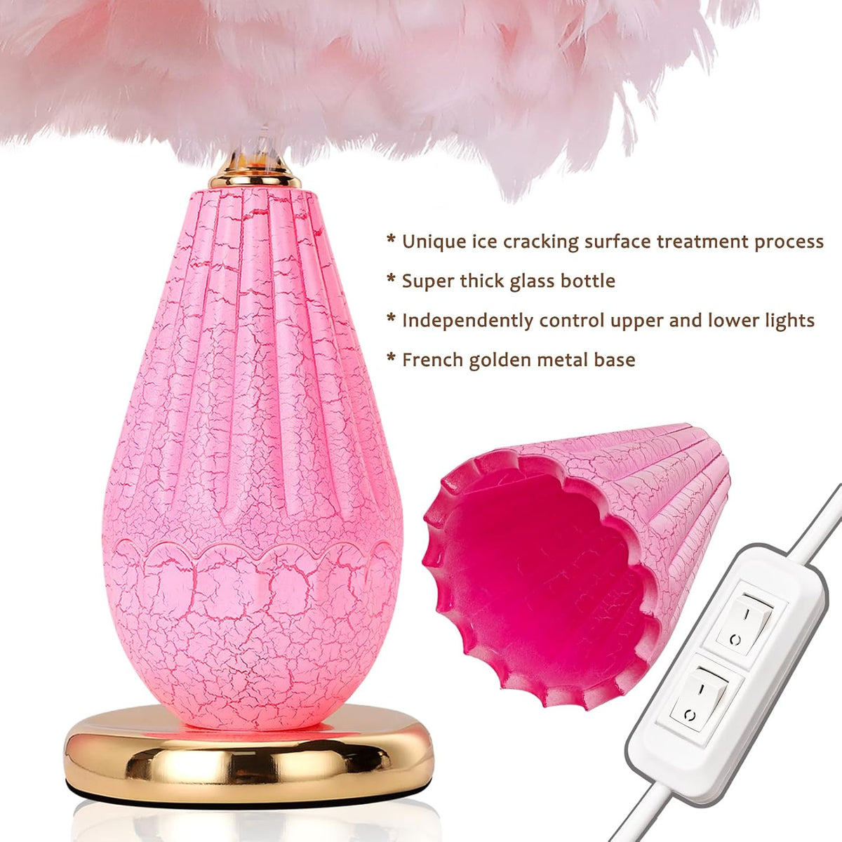 Pink Feather Lamp with Cracked Ice Glass Bottle & Gold Base, Dual Light 3 Color Modes Separate Control Bedside Office Lamp (Pink)