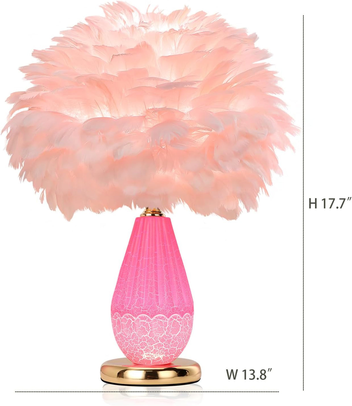 Pink Feather Lamp with Cracked Ice Glass Bottle & Gold Base, Dual Light 3 Color Modes Separate Control Bedside Office Lamp (Pink)