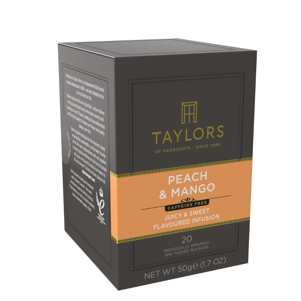 Peach & Mango, Herbal Tea, Individually Wrapped Teabags, 20 Count (Pack of 1), Juicy, Smooth, and Subtly Sweet, Caffeine-Free, Enjoy Hot or Iced, 20 Teabags