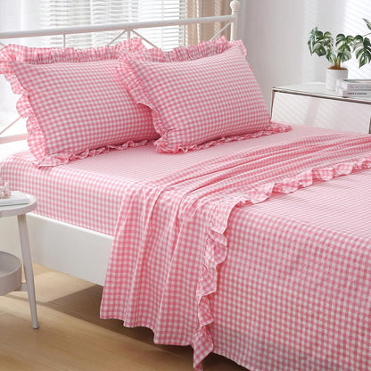 Coral Pink White Ruffle Gingham Sheets Queen Size 4-Piece Set