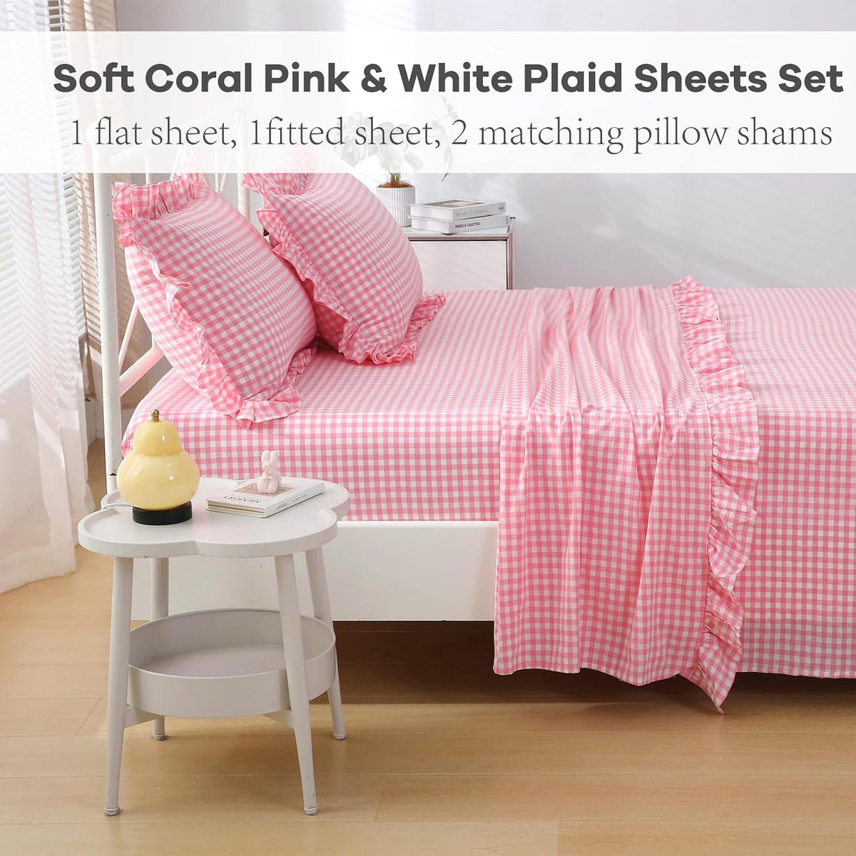Coral Pink White Ruffle Gingham Sheets Queen Size 4-Piece Set