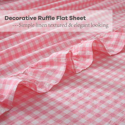 Coral Pink White Ruffle Gingham Sheets Queen Size 4-Piece Set