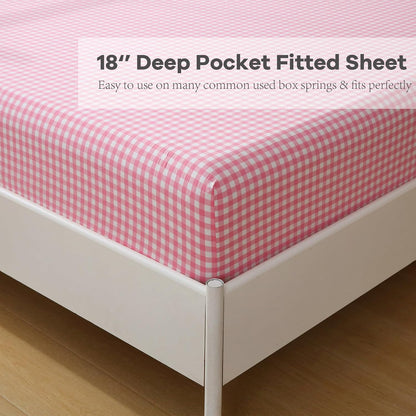 Coral Pink White Ruffle Gingham Sheets Queen Size 4-Piece Set