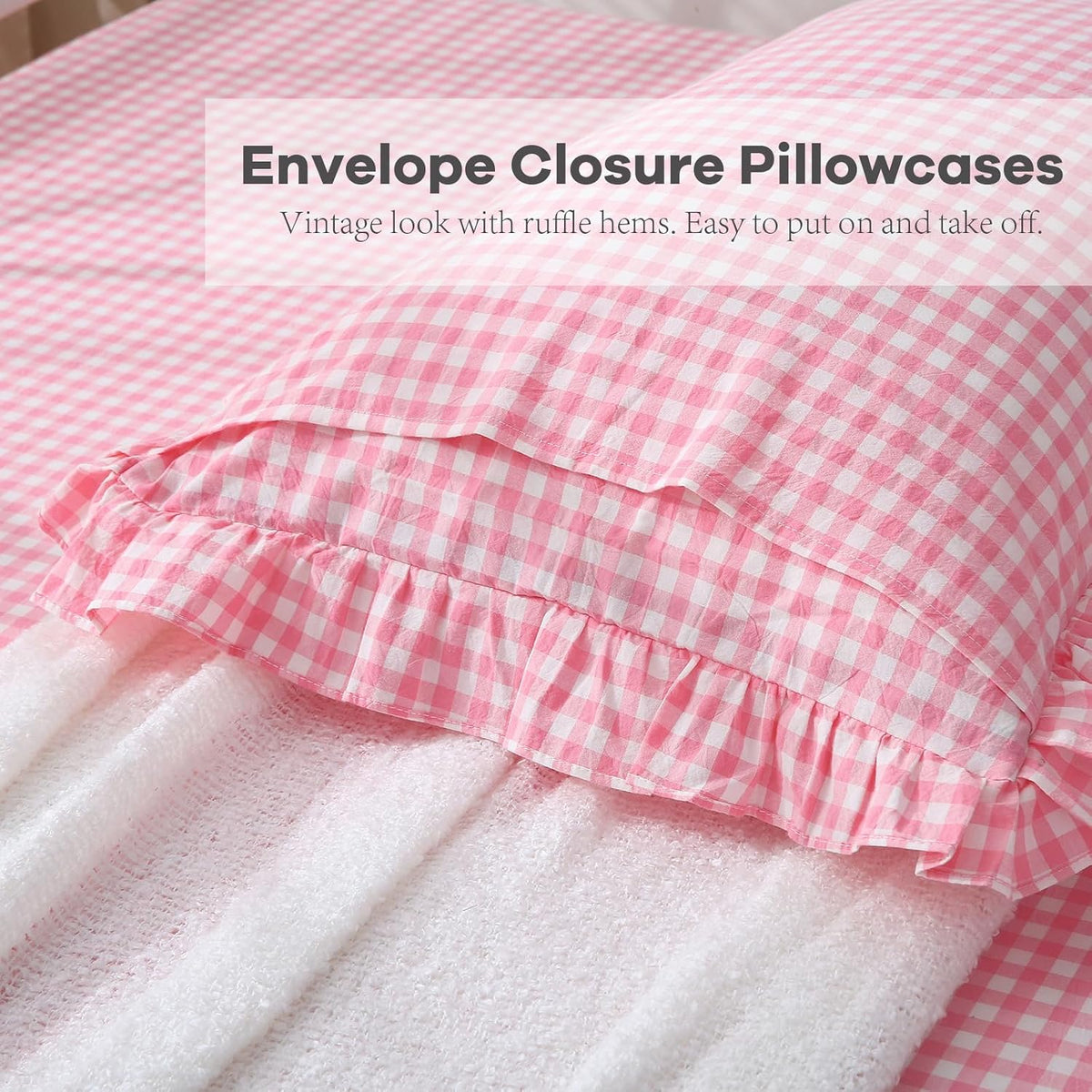 Coral Pink White Ruffle Gingham Sheets Queen Size 4-Piece Set