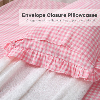 Coral Pink White Ruffle Gingham Sheets Queen Size 4-Piece Set