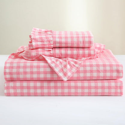Coral Pink White Ruffle Gingham Sheets Queen Size 4-Piece Set