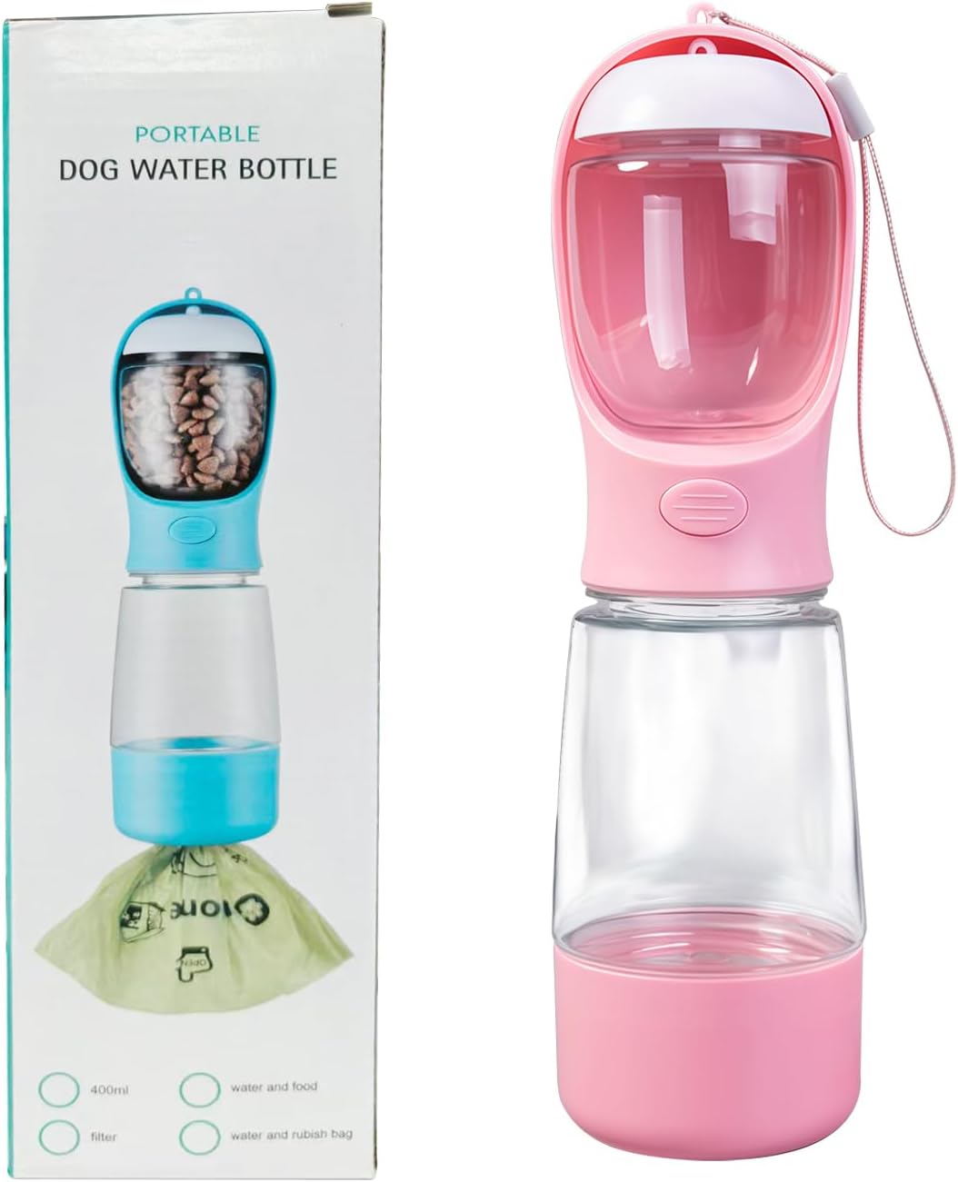 3-in-1 Portable Dog Water Bottle Leak Proof 14oz Pink