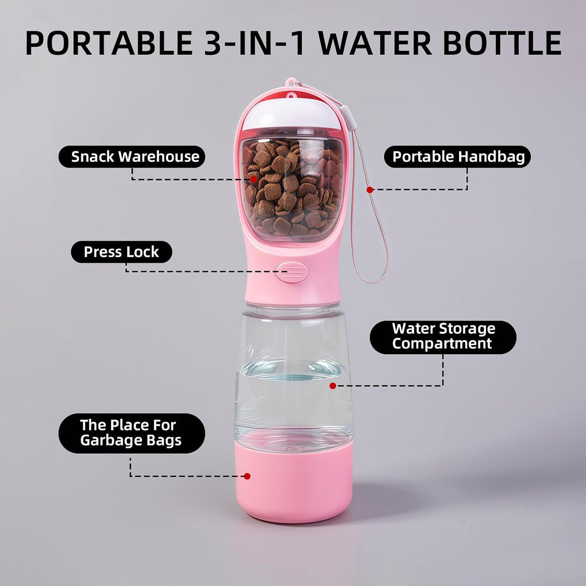 3-in-1 Portable Dog Water Bottle Leak Proof 14oz Pink