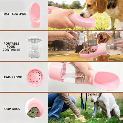 3-in-1 Portable Dog Water Bottle Leak Proof 14oz Pink