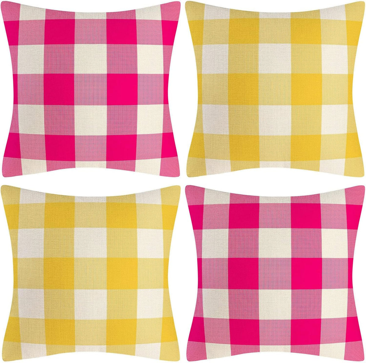 Lemon Yellow Pink White Buffalo Check Plaid Throw Pillow Covers Farmhouse Decorative Throw Pillow Case Indoor Outdoor Cushion Cover Pillowcase for Sofa 18 x 18 Inch Set of 2