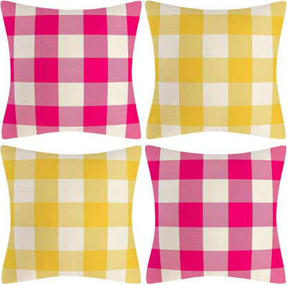 Lemon Yellow Pink White Buffalo Check Plaid Throw Pillow Covers Farmhouse Decorative Throw Pillow Case Indoor Outdoor Cushion Cover Pillowcase for Sofa 18 x 18 Inch Set of 2