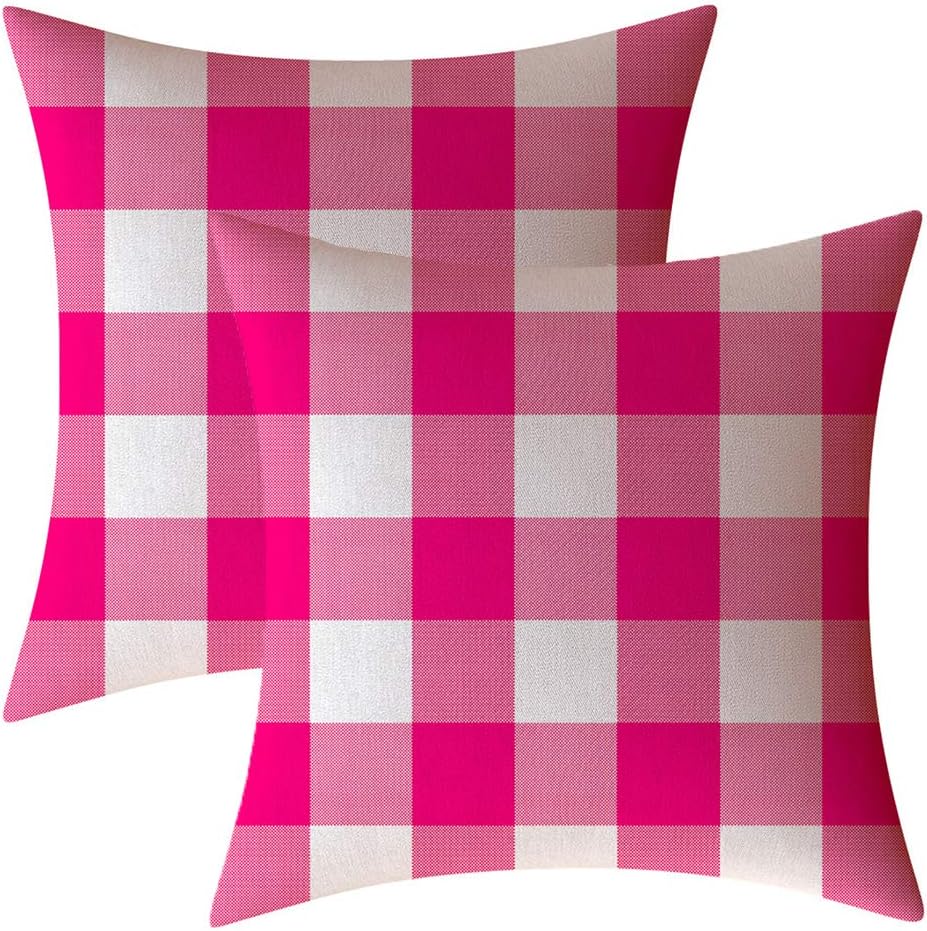 Lemon Yellow Pink White Buffalo Check Plaid Throw Pillow Covers Farmhouse Decorative Throw Pillow Case Indoor Outdoor Cushion Cover Pillowcase for Sofa 18 x 18 Inch Set of 2