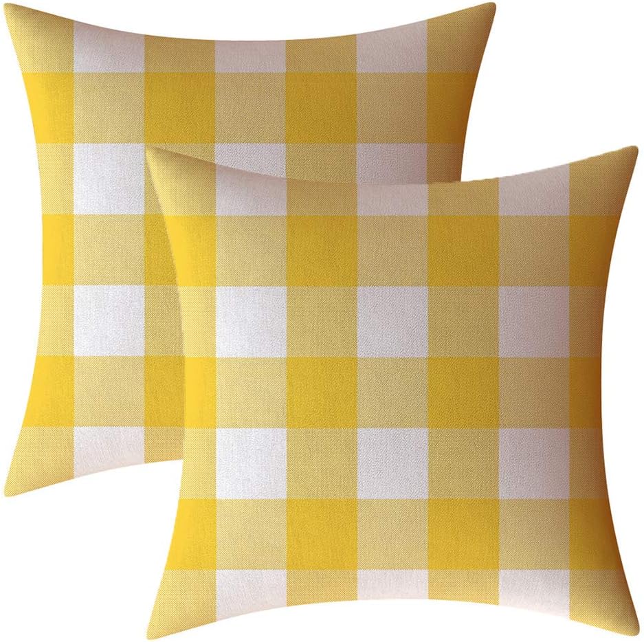 Lemon Yellow Pink White Buffalo Check Plaid Throw Pillow Covers Farmhouse Decorative Throw Pillow Case Indoor Outdoor Cushion Cover Pillowcase for Sofa 18 x 18 Inch Set of 2