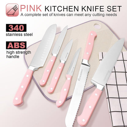 14-Piece Pink Triple Riveted Cooking Knife Set, High Carbon-Stainless Steel Knife Block Set, Razor-Sharp Knife Set with Wood Block, Cutlery Chef Knives Set, Dishwasher Safe