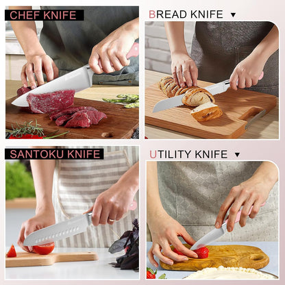 14-Piece Pink Triple Riveted Cooking Knife Set, High Carbon-Stainless Steel Knife Block Set, Razor-Sharp Knife Set with Wood Block, Cutlery Chef Knives Set, Dishwasher Safe