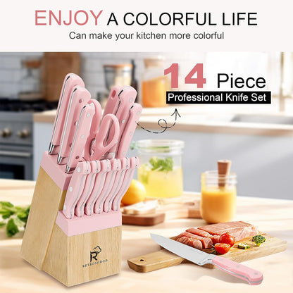 14-Piece Pink Triple Riveted Cooking Knife Set, High Carbon-Stainless Steel Knife Block Set, Razor-Sharp Knife Set with Wood Block, Cutlery Chef Knives Set, Dishwasher Safe