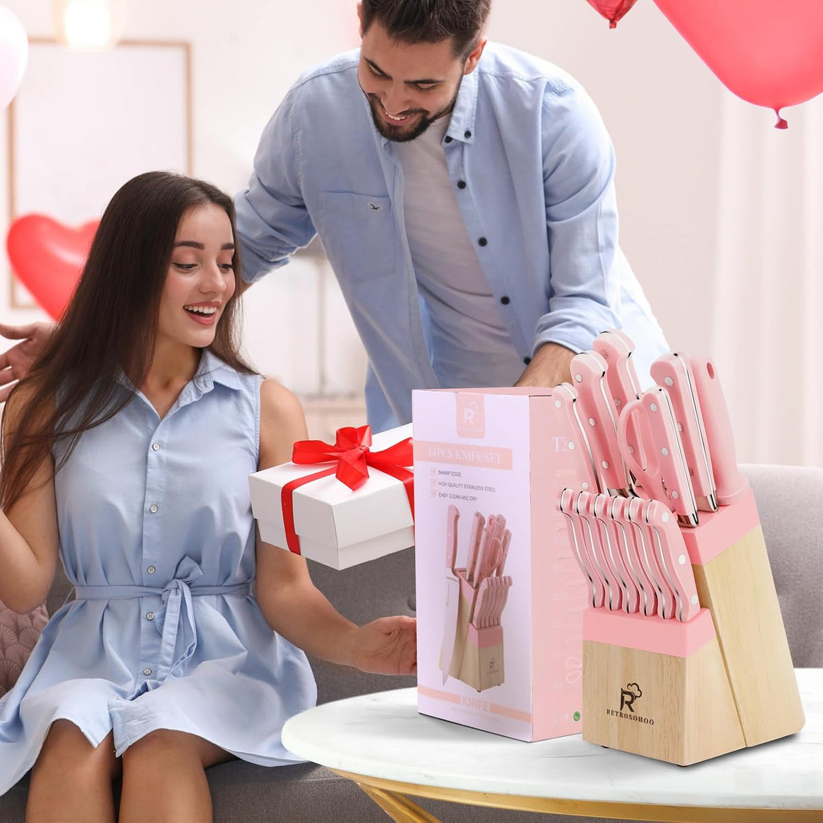 14-Piece Pink Triple Riveted Cooking Knife Set, High Carbon-Stainless Steel Knife Block Set, Razor-Sharp Knife Set with Wood Block, Cutlery Chef Knives Set, Dishwasher Safe