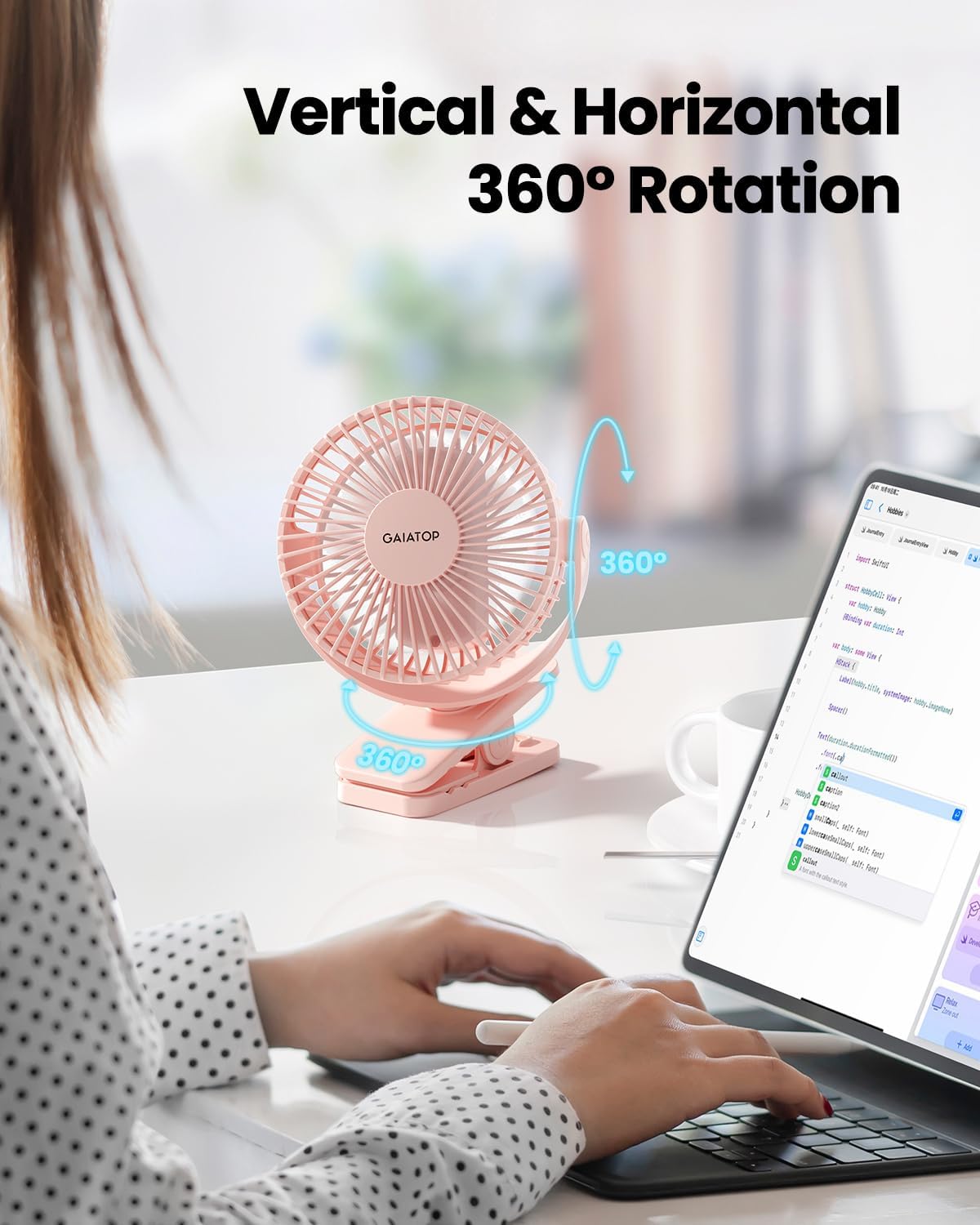 Portable Clip on Fan Battery Operated, Small Powerful 3 Speed Quiet 360° Rotate, USB Rechargeable Mini Personal Cooling Fan for Desk Table Home Office Stroller Camping Women Gifts Pink