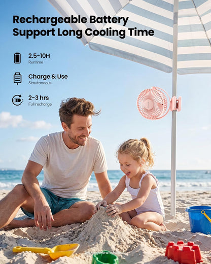 Portable Clip on Fan Battery Operated, Small Powerful 3 Speed Quiet 360° Rotate, USB Rechargeable Mini Personal Cooling Fan for Desk Table Home Office Stroller Camping Women Gifts Pink