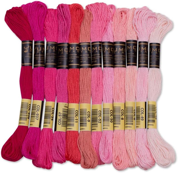 12 Pieces | Premium Embroidery Thread | 100% Egyptian Cotton Premium Skeins | Cross Stitch Embroidery Floss | Oeko TEX Certified Stranded Cotton (Pink Tones)