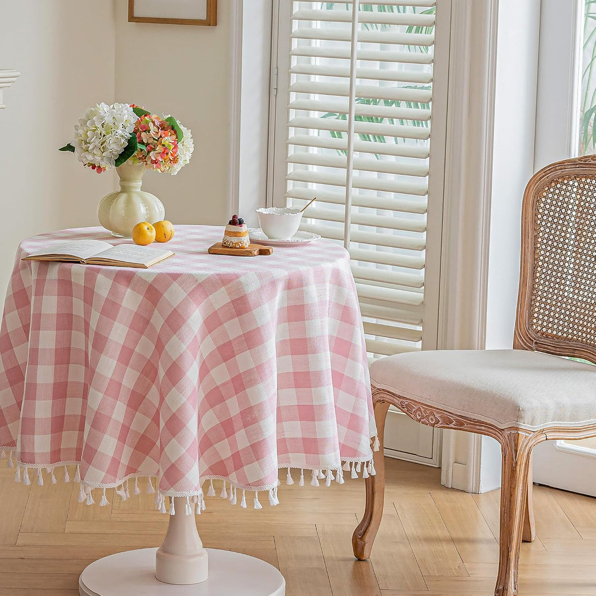 Pink Round Tablecloth, Gingham Cotton Linen Plaid, 60 Inch