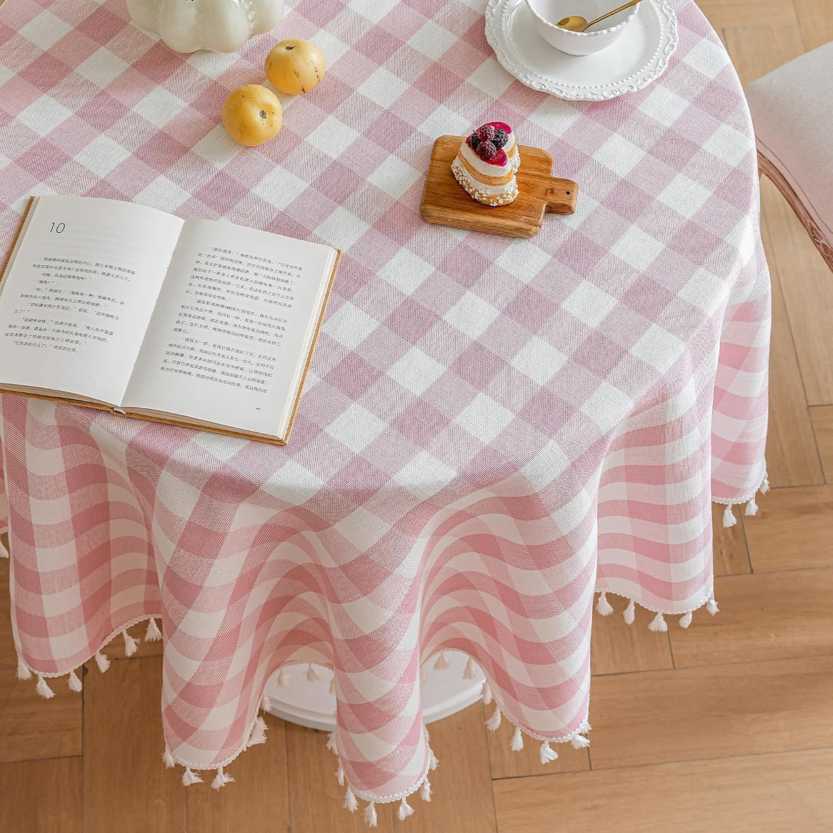 Pink Round Tablecloth, Gingham Cotton Linen Plaid, 60 Inch